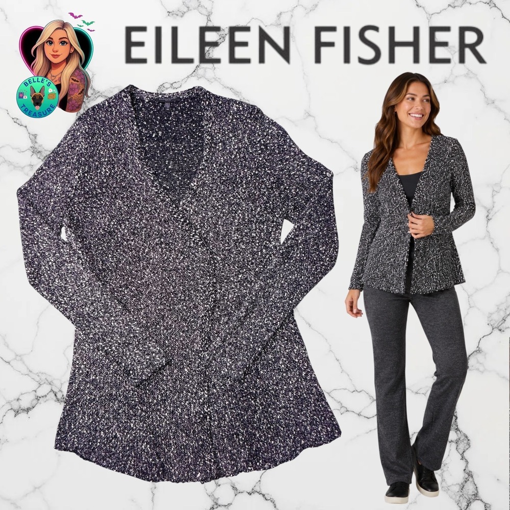 Eileen Fisher Petite‎ Black White Marled Open Front Cardigan Italian Yarn Medium